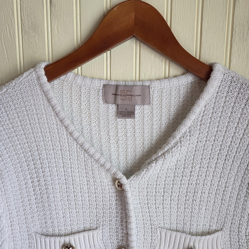 French Connection Cardigan Sweater Womens Large V Neck Short Sleeve Waffle Knit